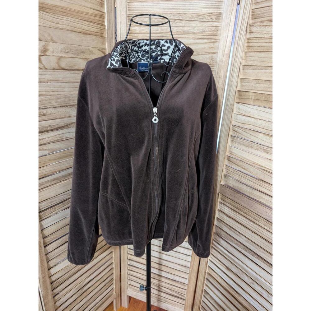 Gloria Vanderbilt Womens Brown Velour Hood Zip Up Jacket Size XL Spot As Picture
